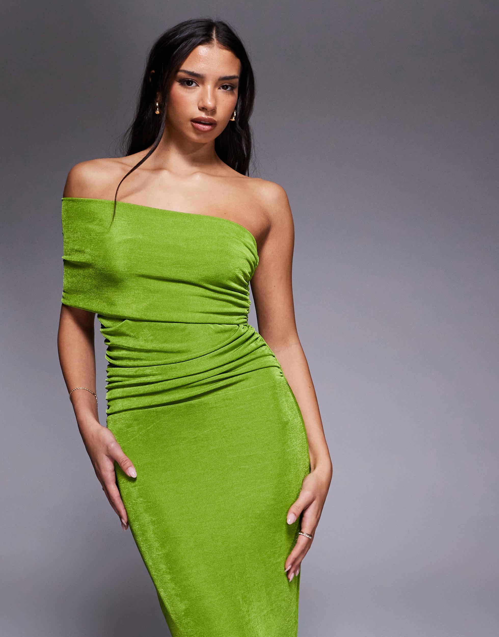 multiway bodycon dress Aria Cove Double Layered Slinky Maxi in Green She is 5’11” tall