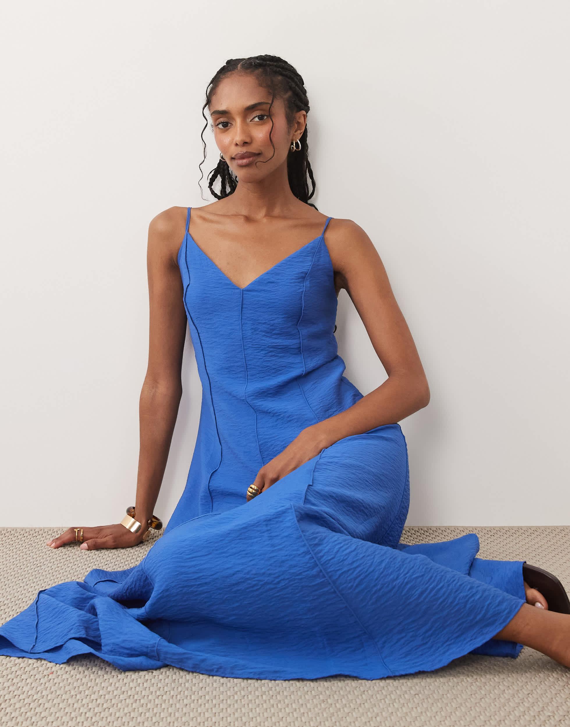 mango blue silk dress Asymmetrical satin dress - Women