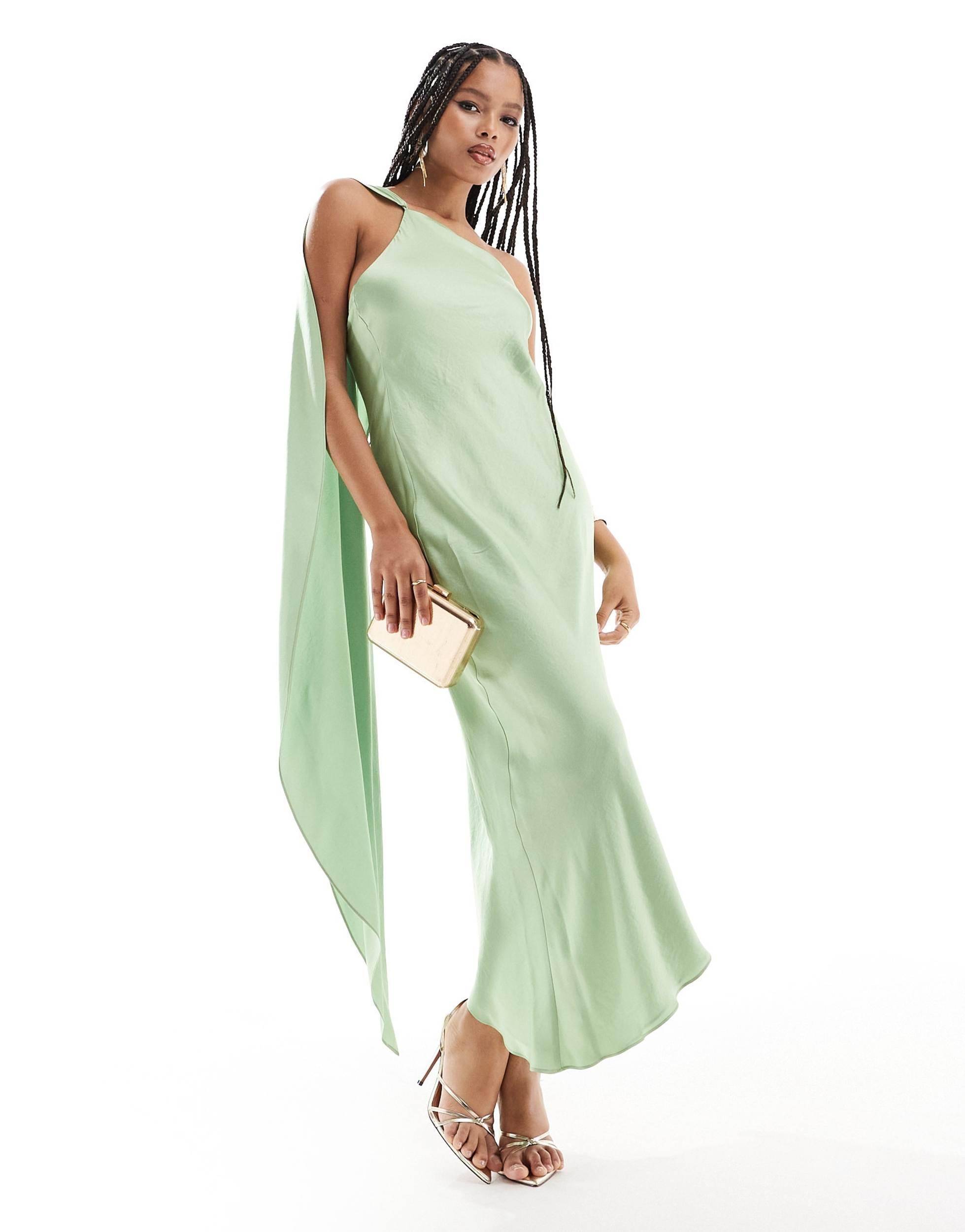 Mango One Shoulder Drape Satin Midi Dress in Green | Lyst