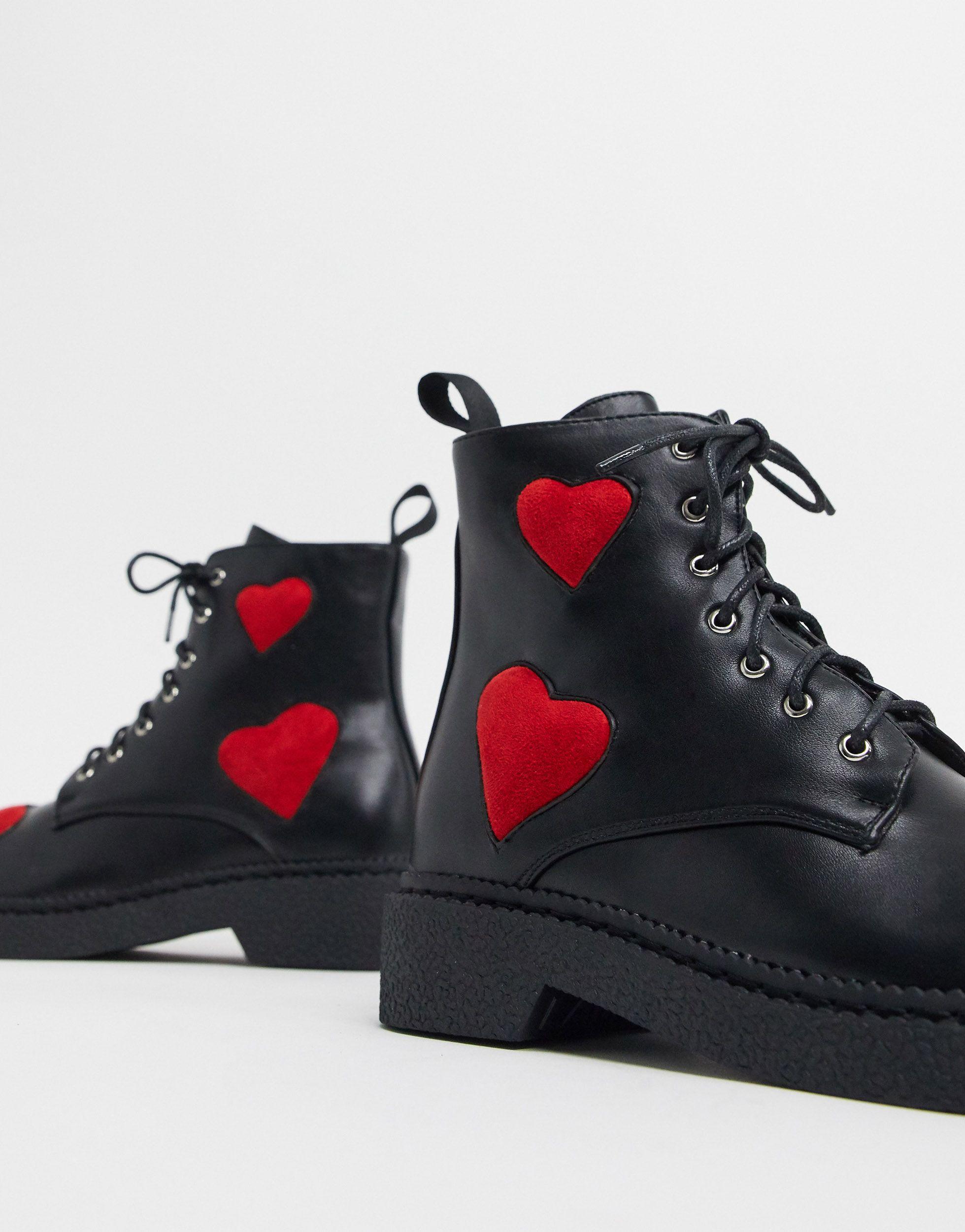 LAMODA Flat Heart Detail Lace Up Boots in Black | Lyst