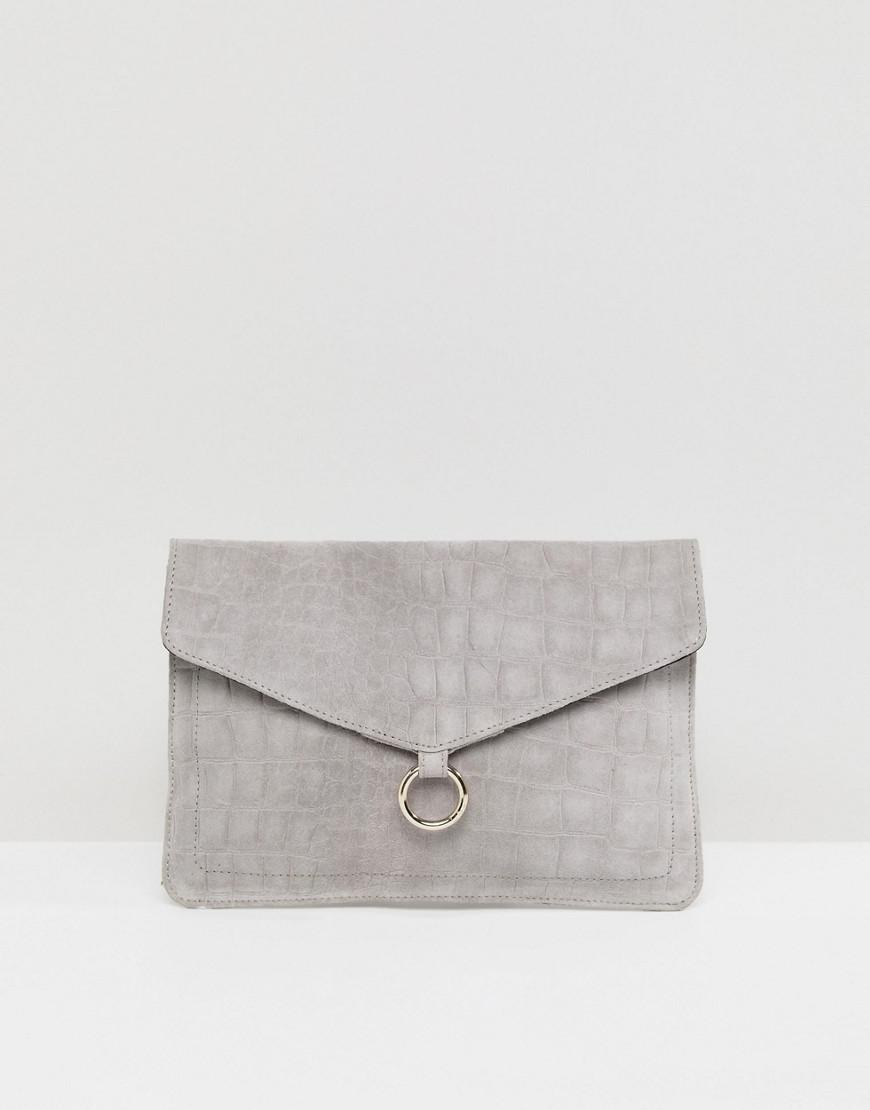 gray suede clutch bag