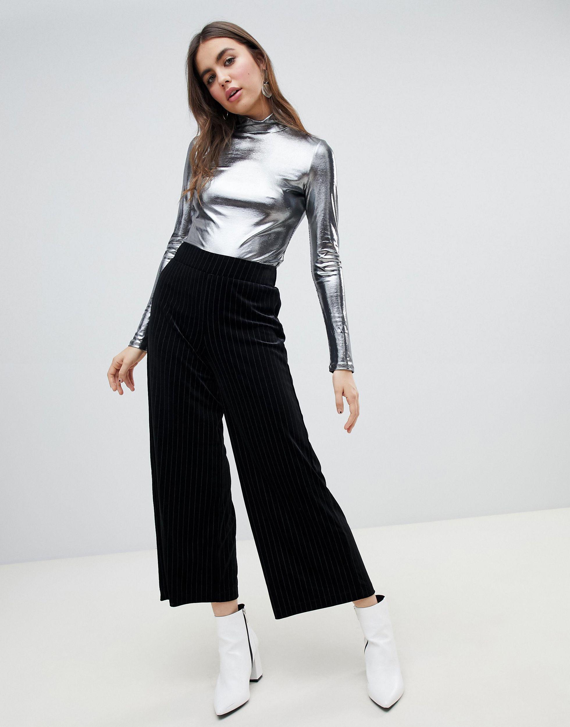 Monki Velvet Pinstripe Wide Leg Pants 