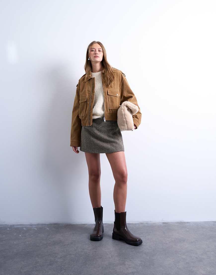 TOPSHOP Cropped Faux Suede Bomber Jacket With Snap Details in