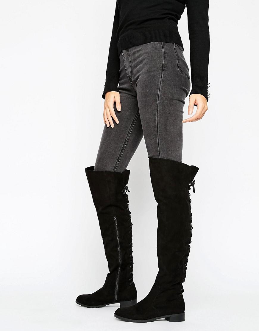 Office Hop Lace Back Flat Over The Knee Boots In Black Lyst Hop Lace Back Flat Over The Knee Boots