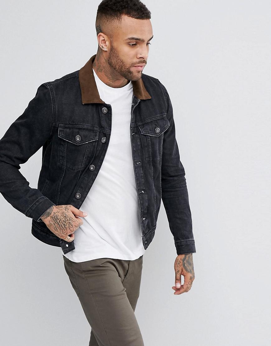 River Island Denim Jacket With Suede Collar In Washed Black for Men | Lyst
