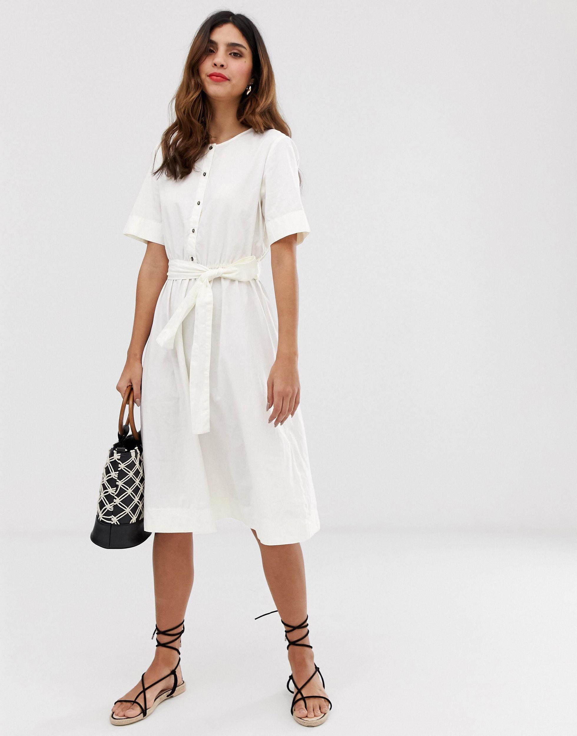 Vero Moda Button Through Tie Waist Midi Shirt Dress in White | Lyst