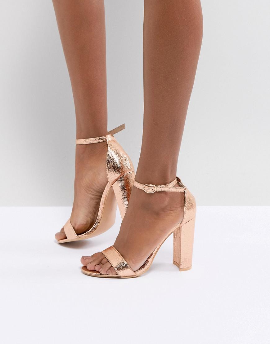 gold barely there block heels
