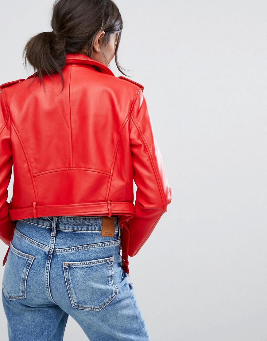 Bershka Leather Look Biker Jacket in Red | Lyst