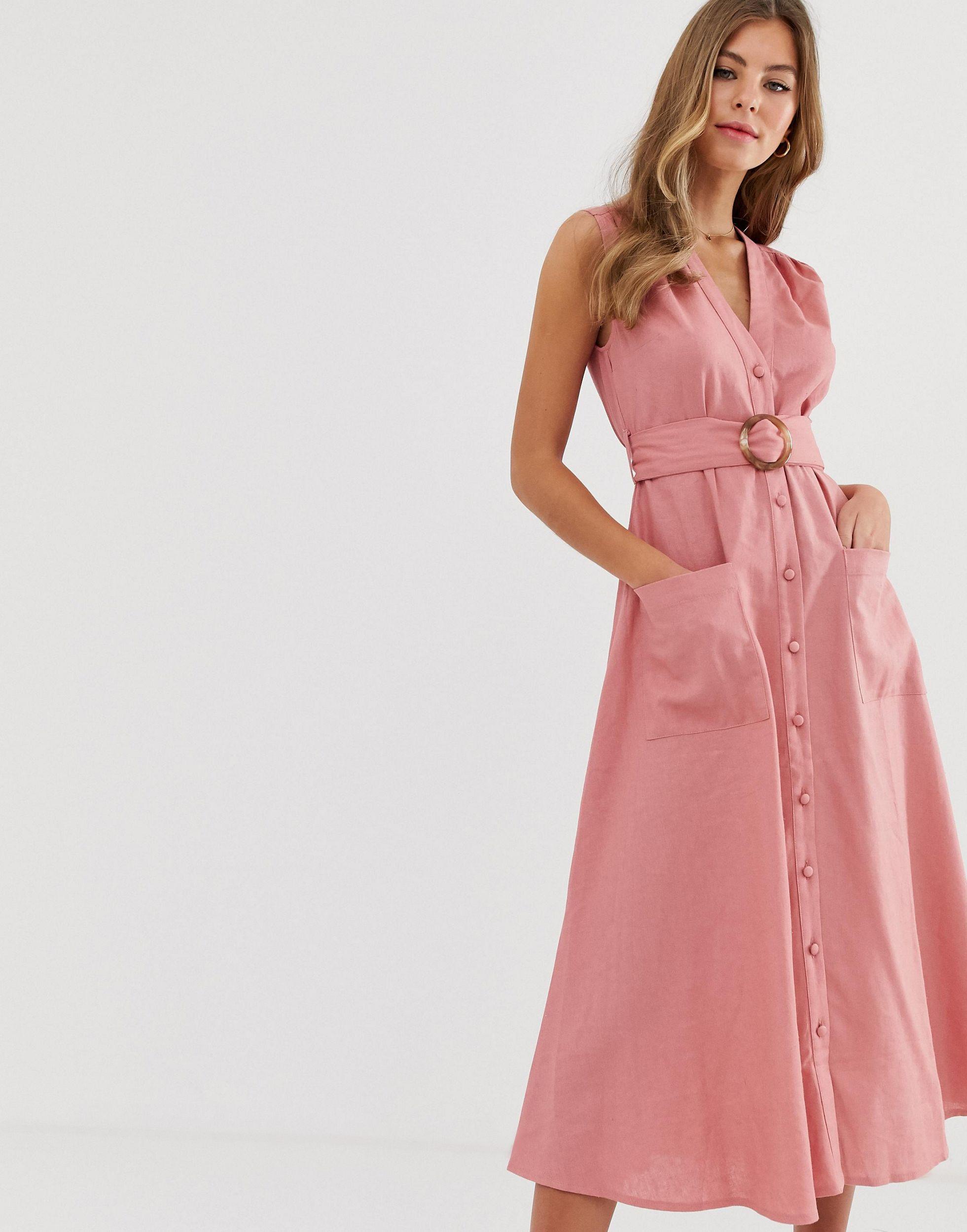 ASOS Linen Button Through Midi Dress With Belt in Pink | Lyst