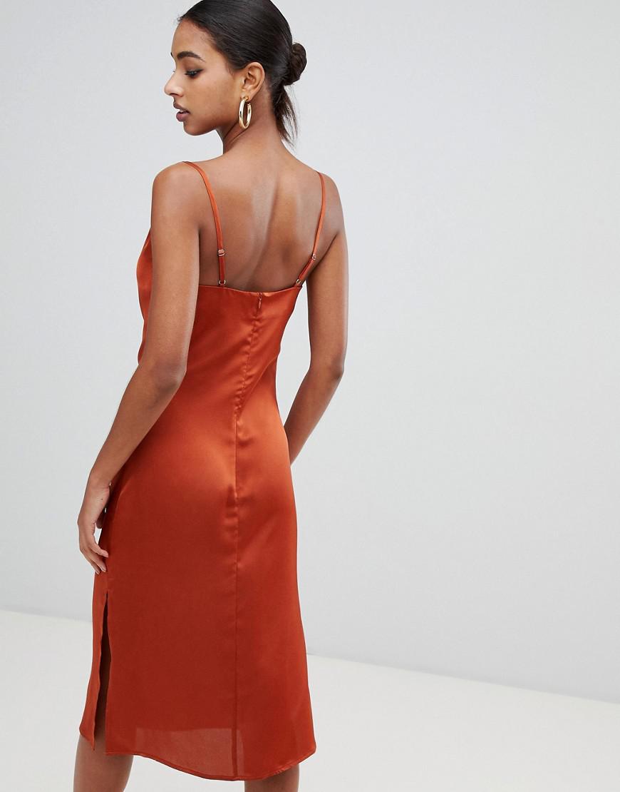 rust strappy back cowl neck satin midi dress