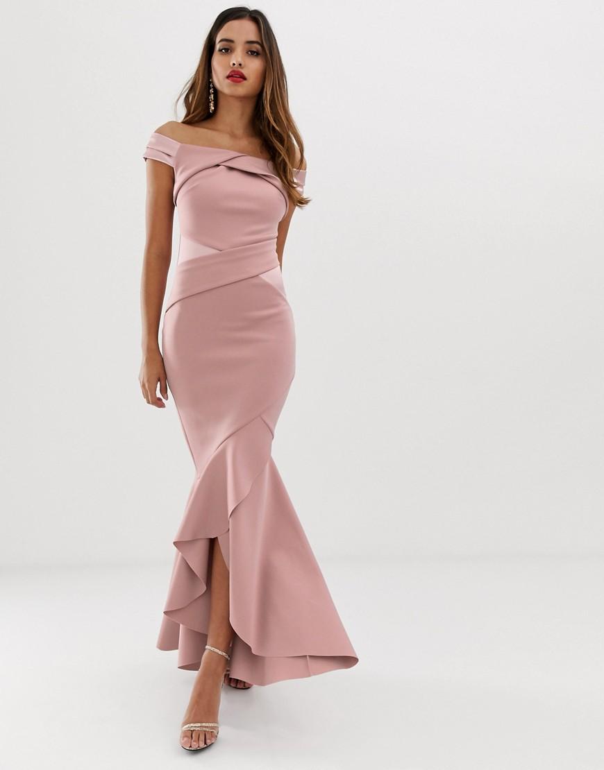 Lipsy Bardot Maxi Dress With Ruffle Wrap Front in Brown | Lyst