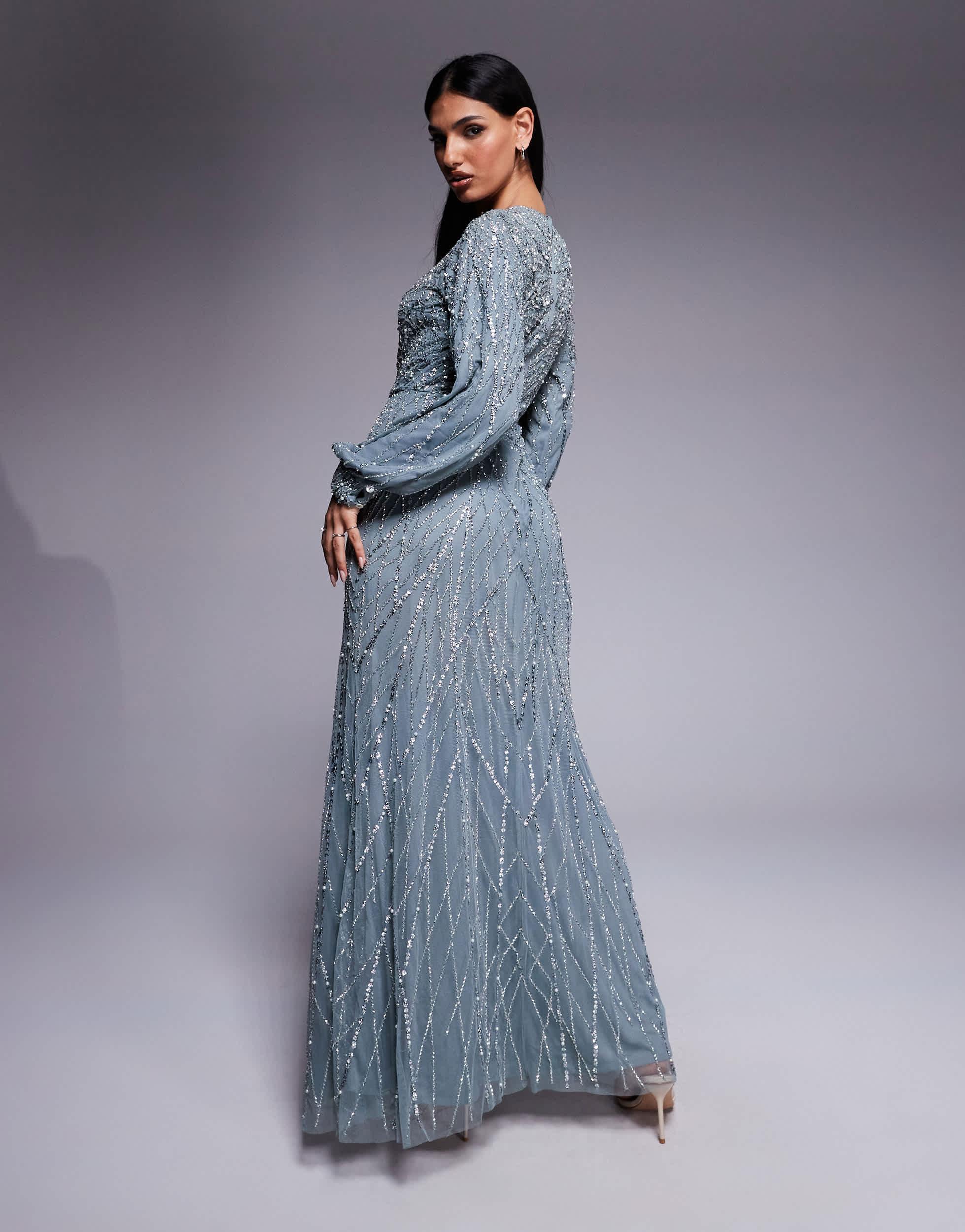 Embellished Gown Long Sleeve Embellished Maxi Lotus Embellished Maxi Dress  In Emerald Green
