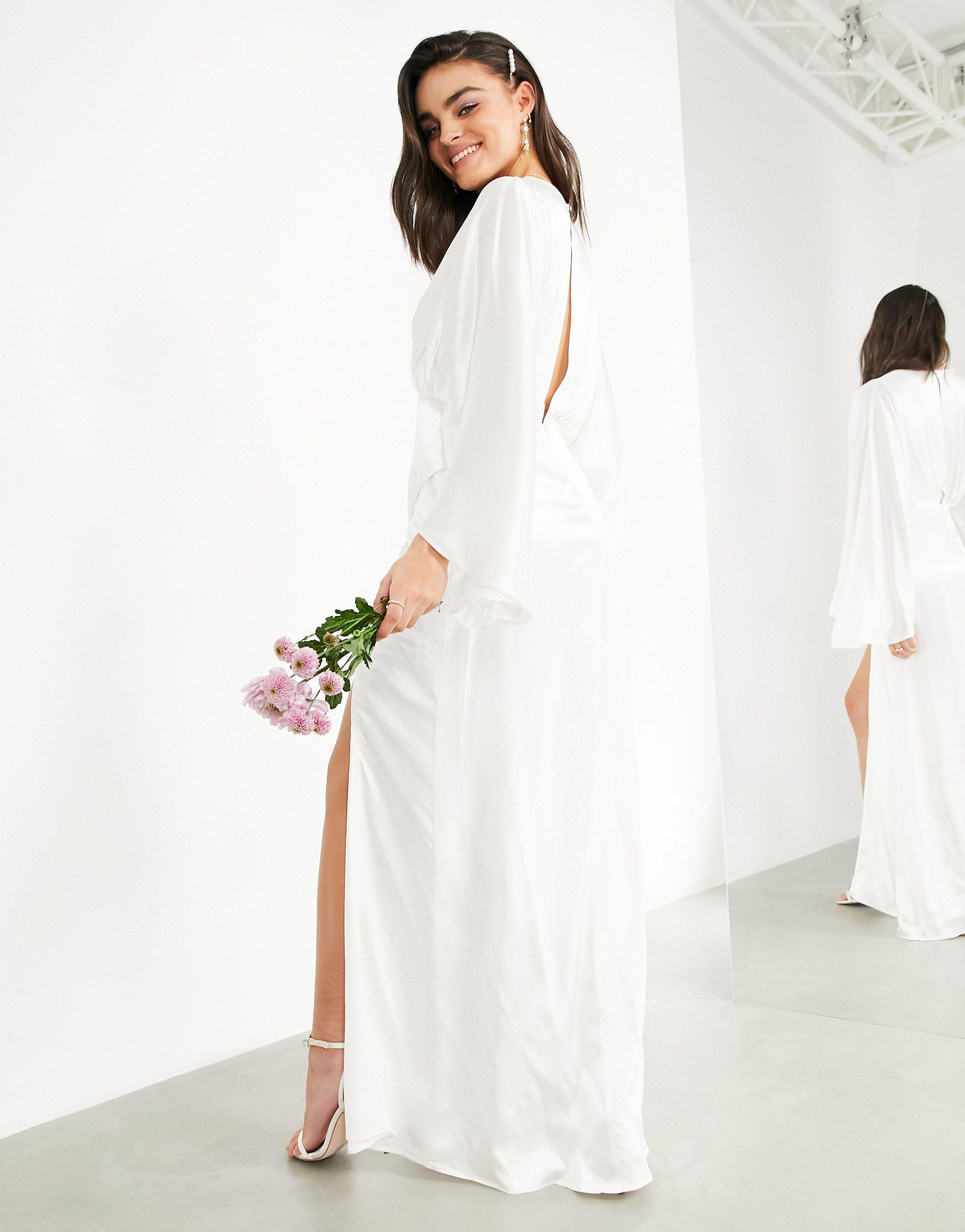 ASOS Cari Satin Wrap Wedding Dress With Kimono Sleeve-white | Lyst