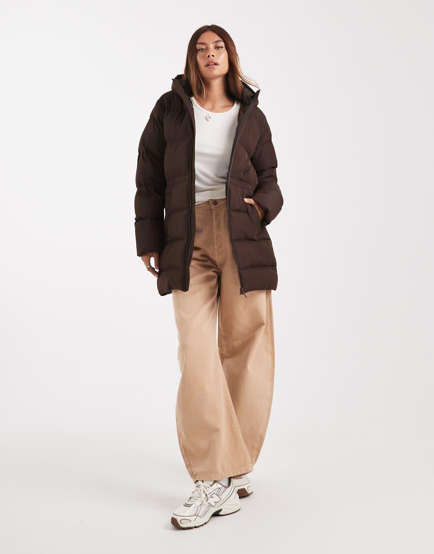 Brave Soul Hooded Mid-length Puffer Jacket With Pockets in Brown