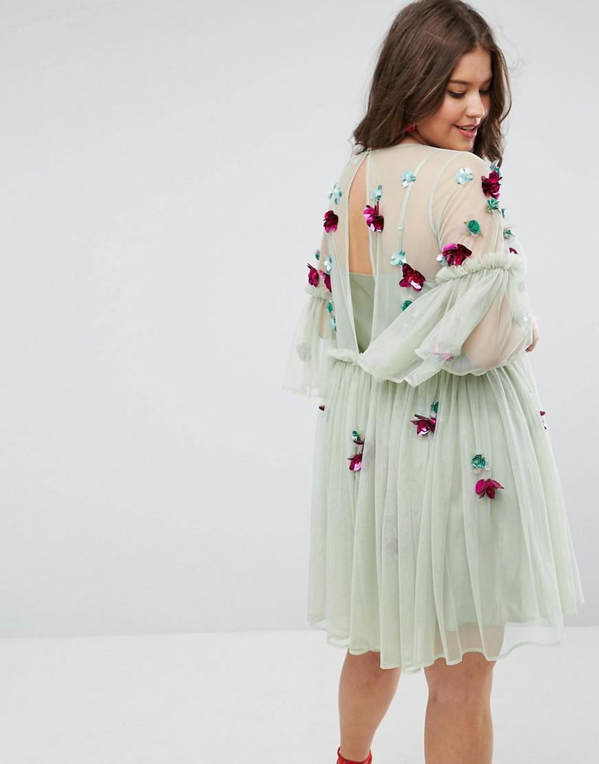 Fluted Sleeve Tulle Smock Dress 