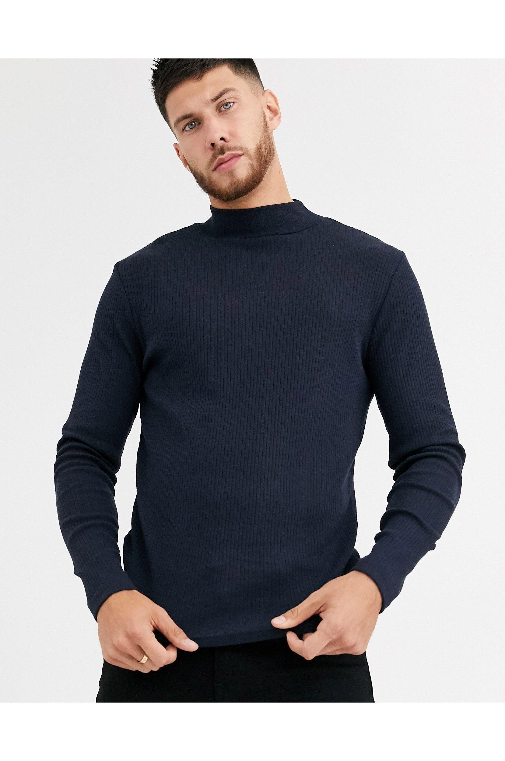 River Island Cotton Long Sleeved Ribbed Turtle Neck T-shirt in Navy ...