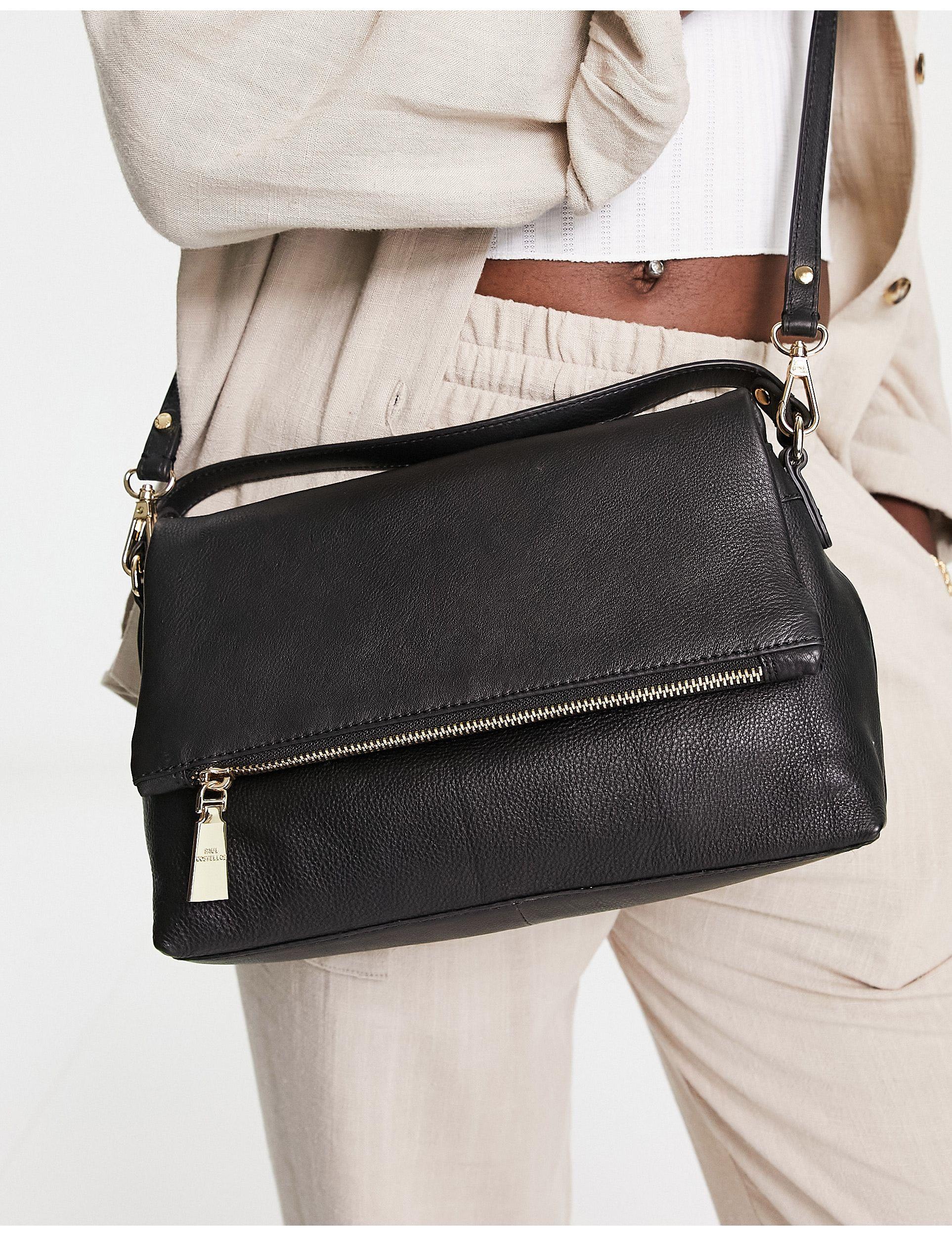 Paul Costelloe Leather Flap Over Shoulder Bag in Black | Lyst