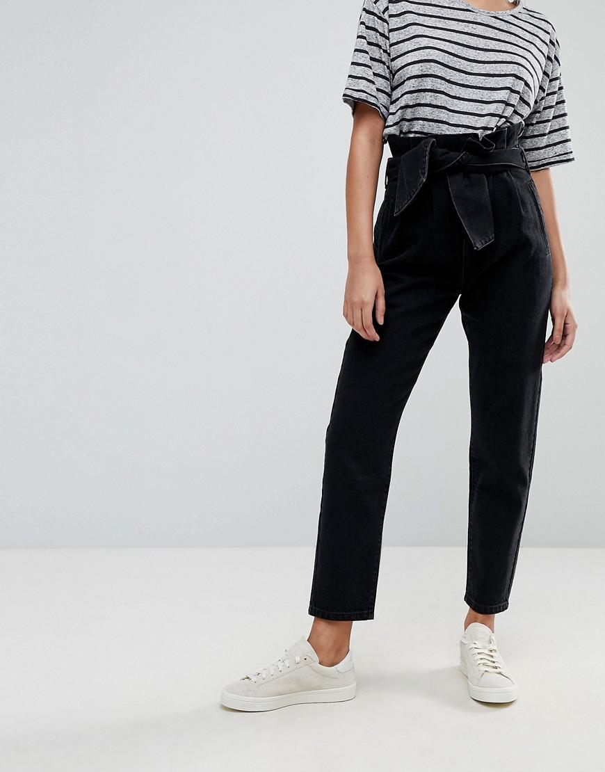 ASOS Denim Paper Bag Waist Boyfriend Jeans With Belt in Black | Lyst