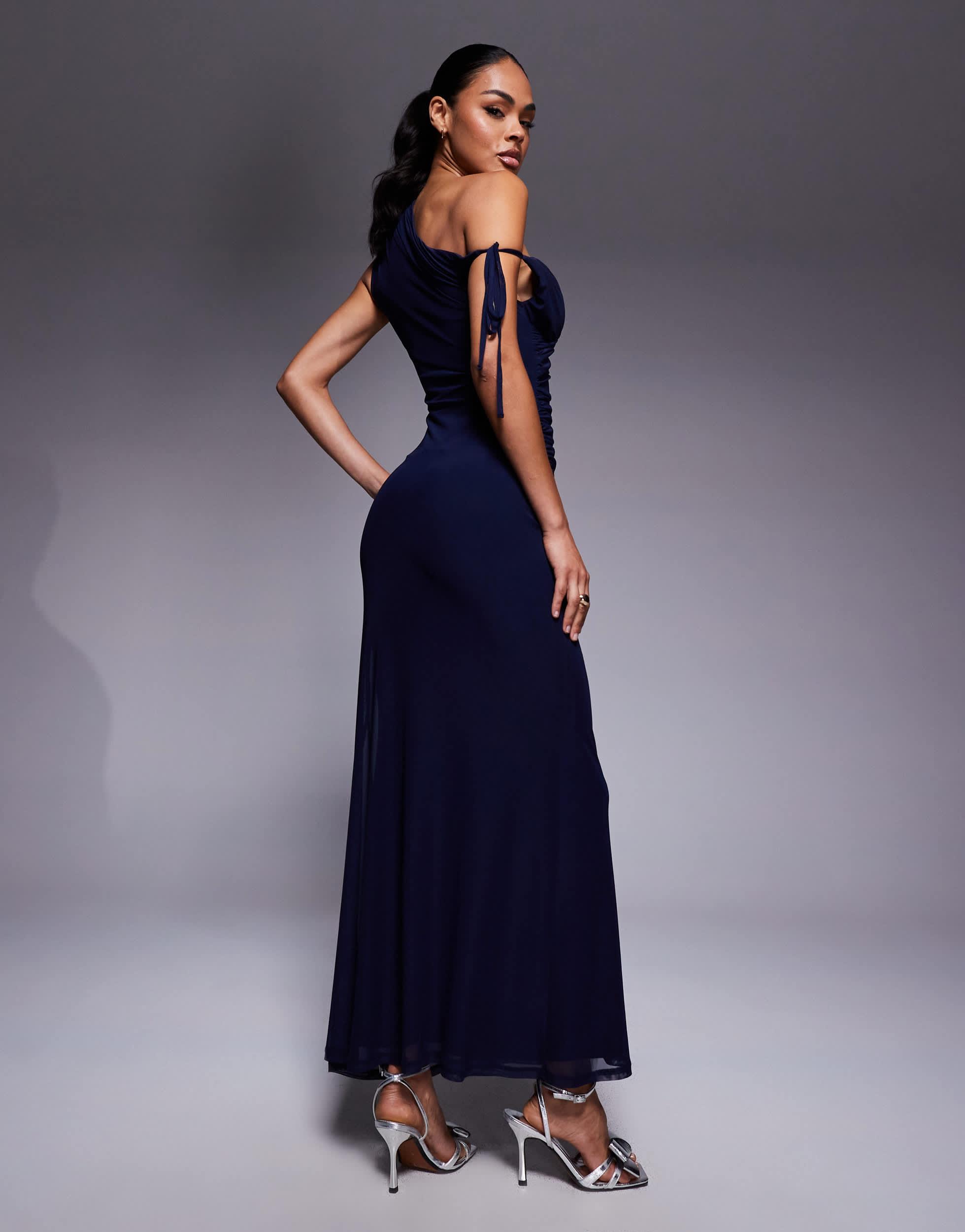 ASOS Mesh One Shoulder Draped Maxi Dress in Blue | Lyst