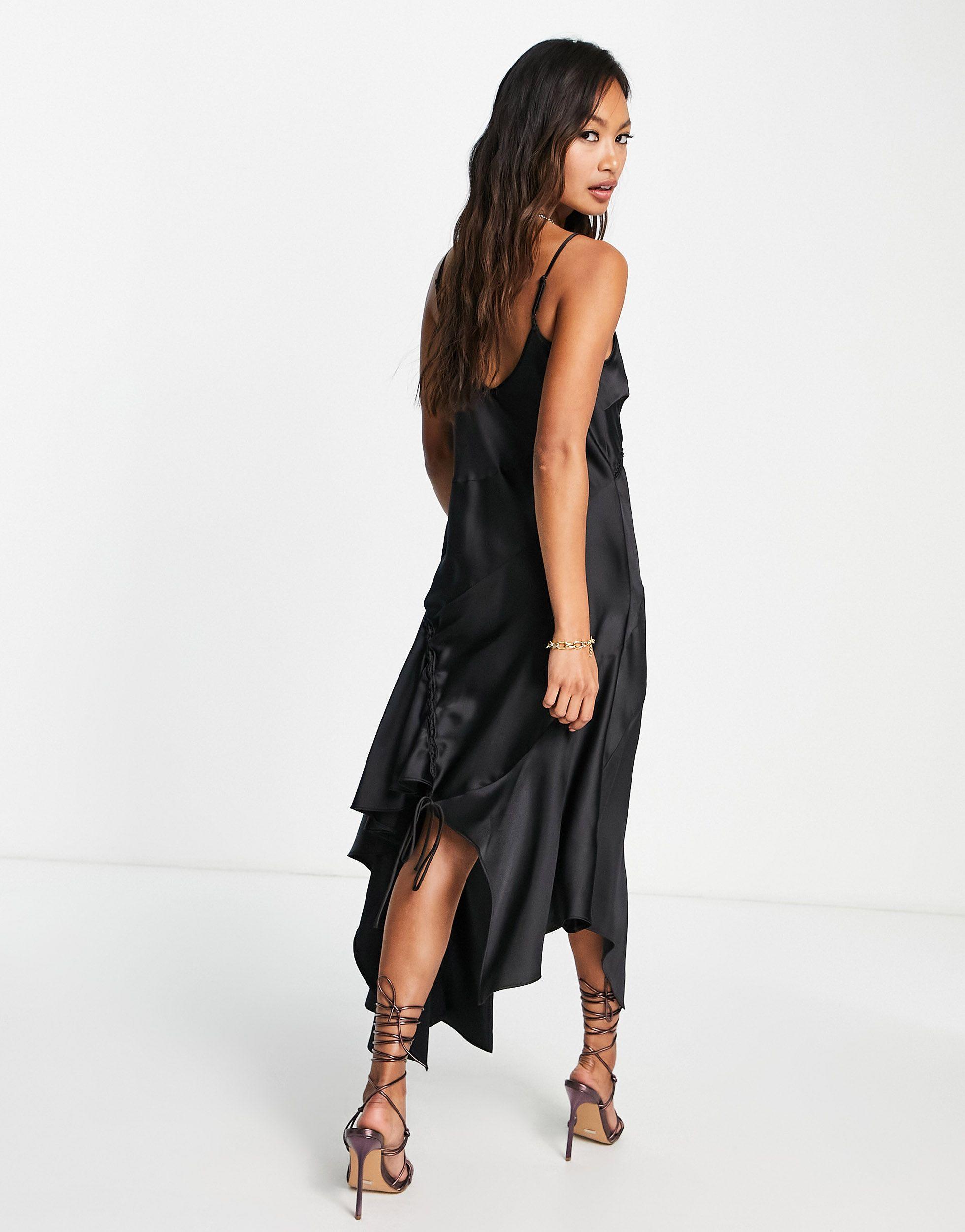 TOPSHOP Lace Up Satin Midi Slip Dress in Black | Lyst