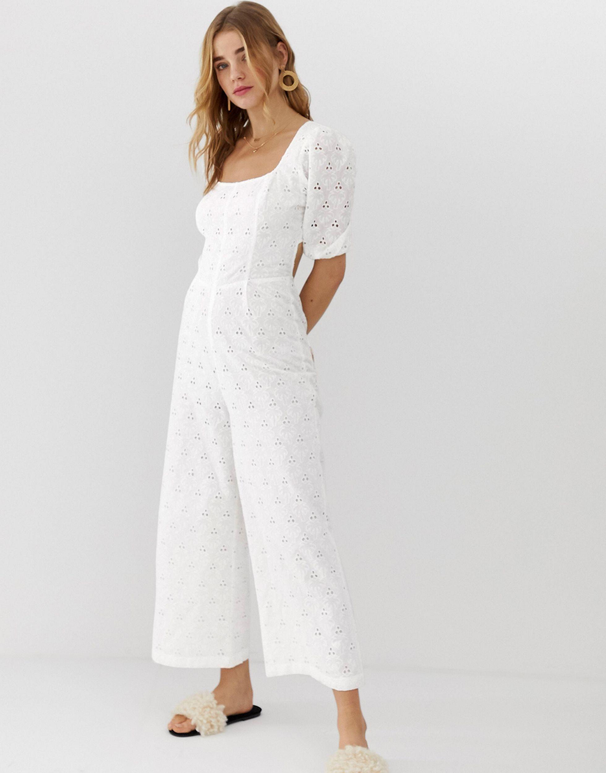 ASOS Square Neck Puff Sleeve Jumpsuit in White | Lyst