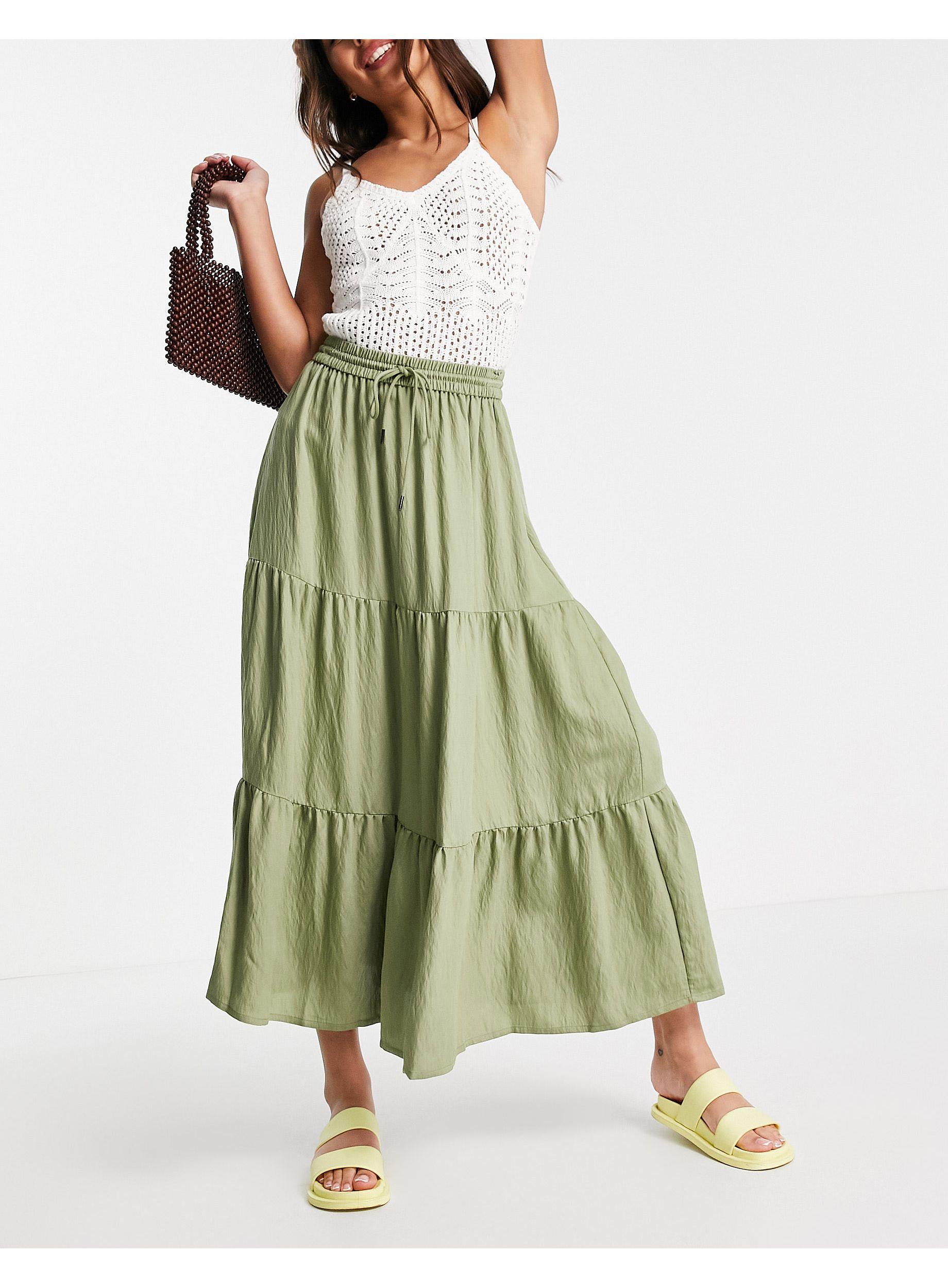 Mango Tiered Maxi Skirt in Green | Lyst
