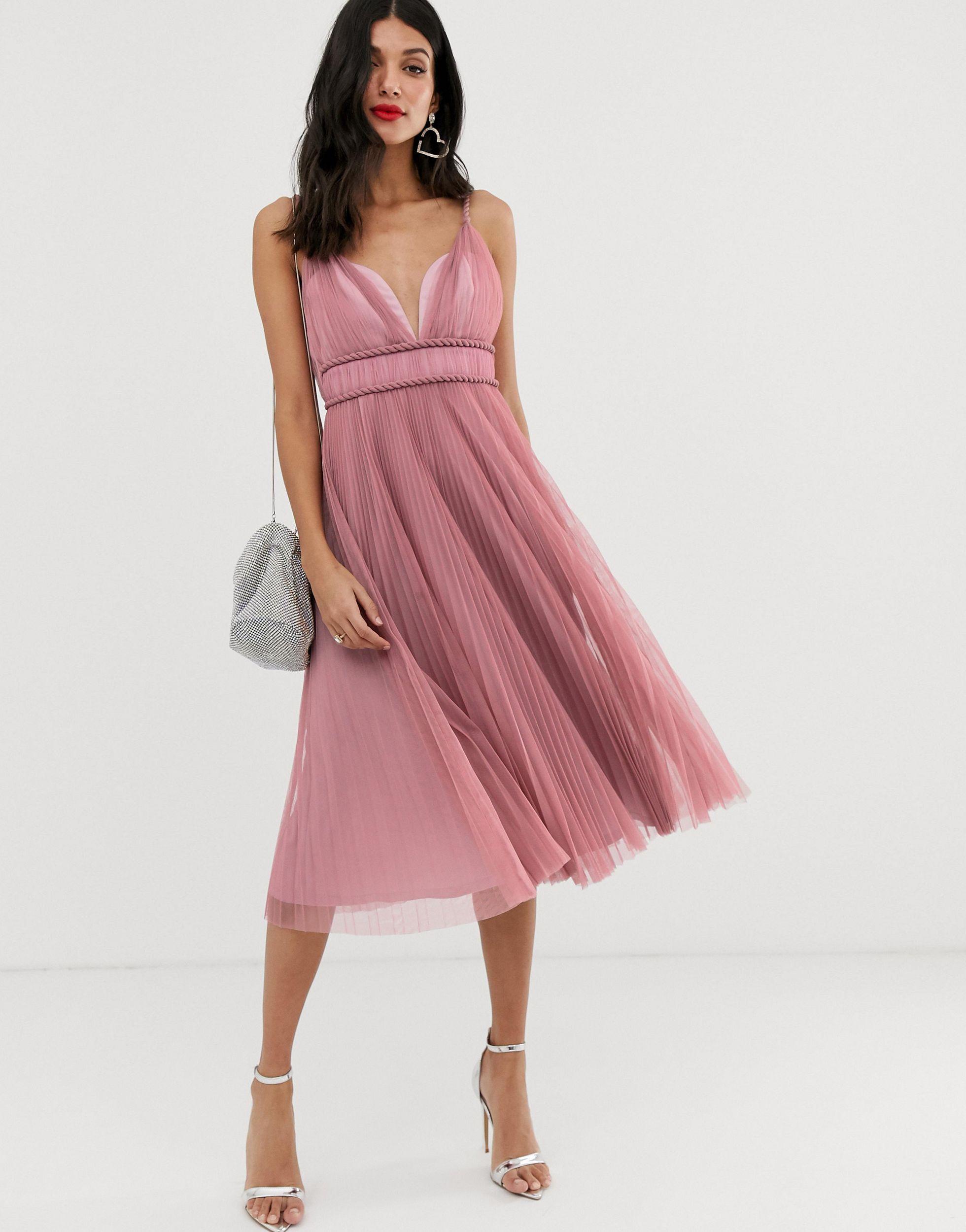 ASOS Asos Design Tall Pleated Tulle Midi Dress With Twist Detail in Pink |  Lyst