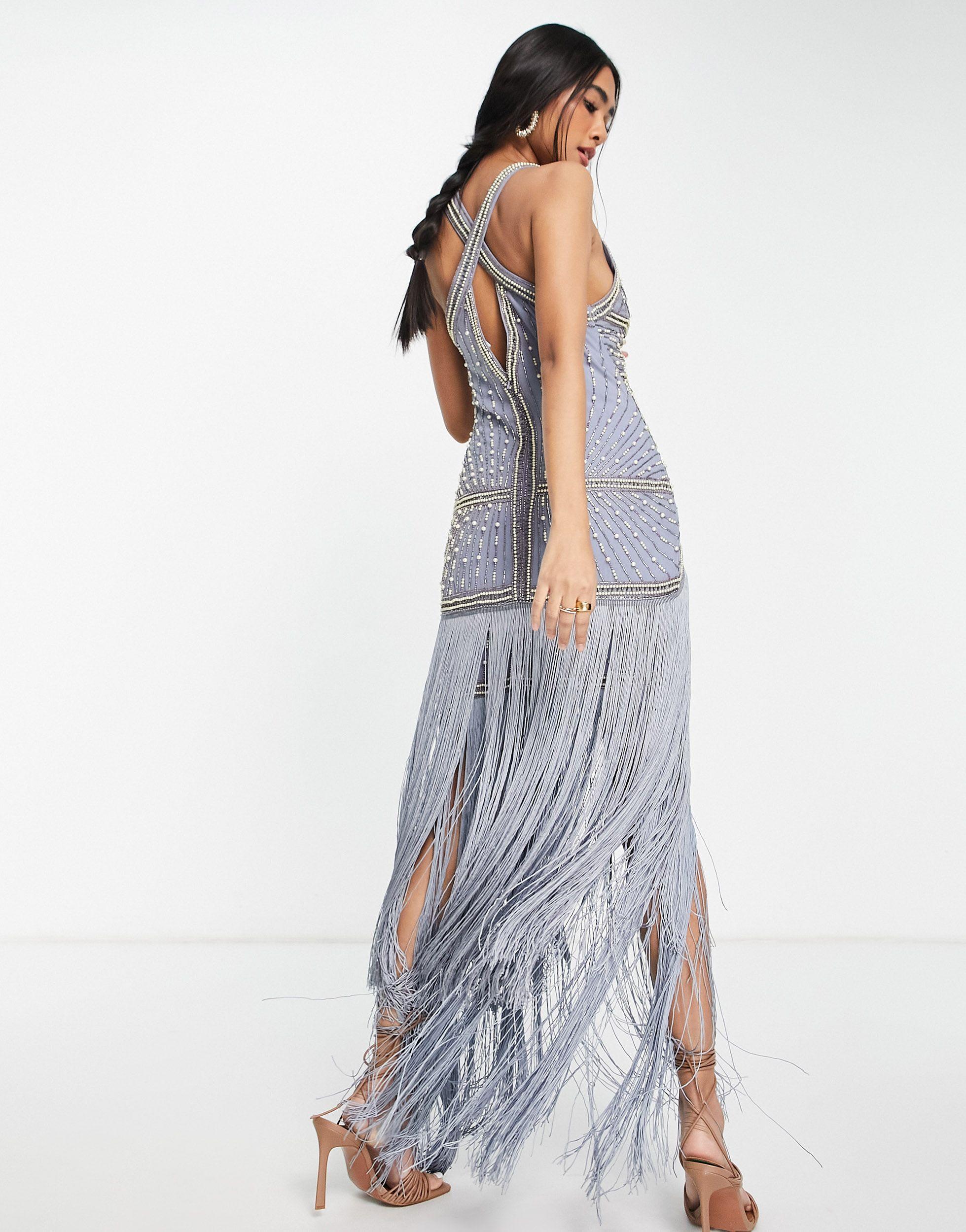 ASOS Pearl Embellished Maxi Dress With Fringe Hem | Lyst