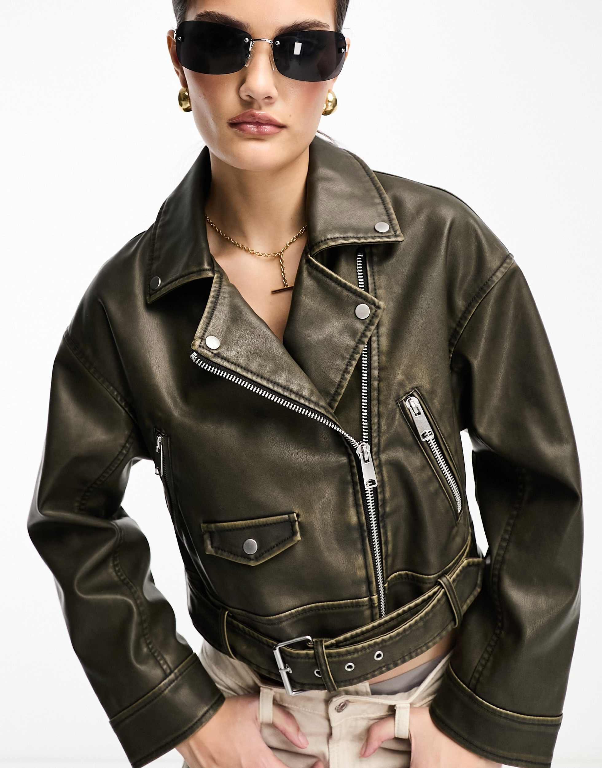 Stradivarius Faux Leather Biker Jacket in Brown Lyst