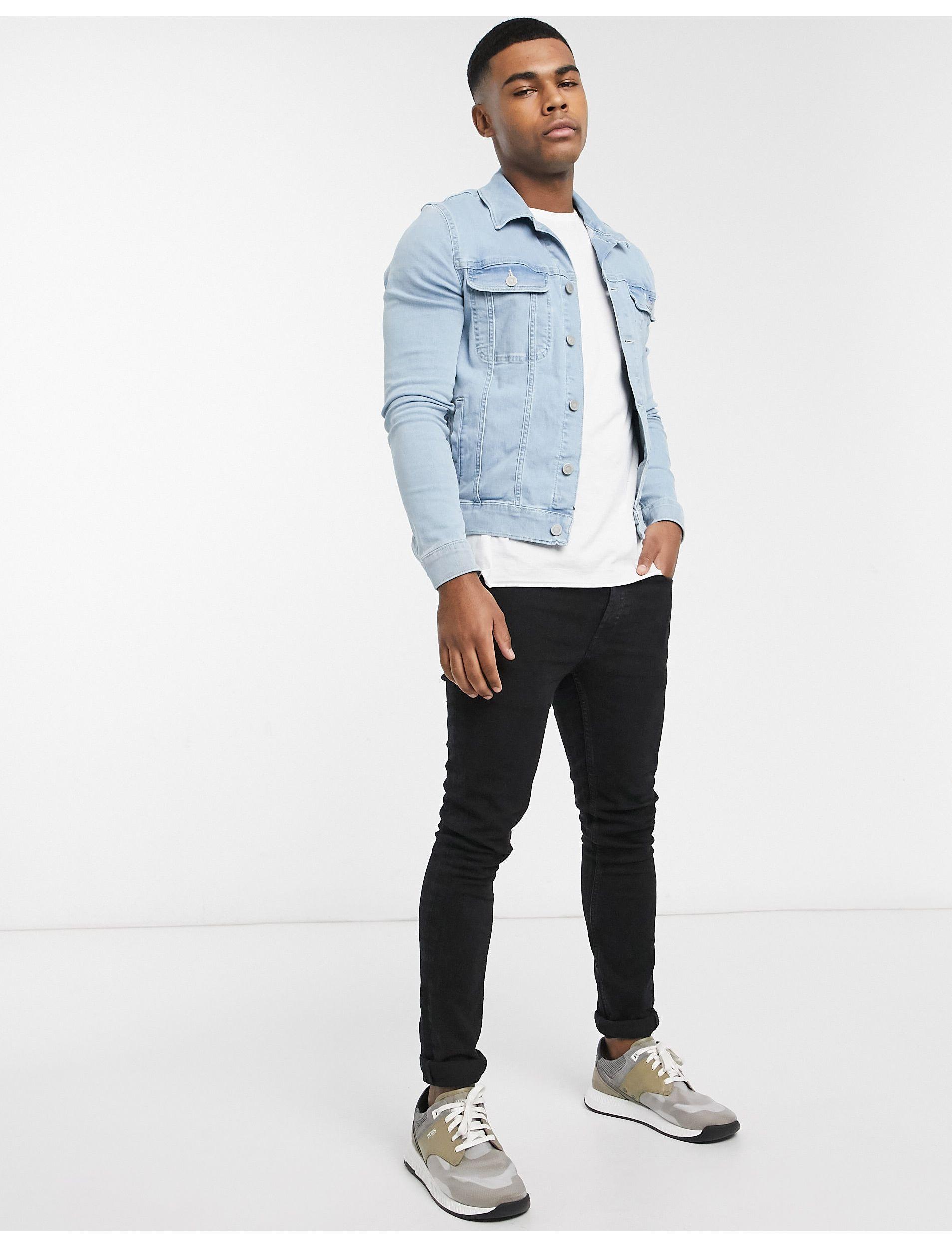ASOS Denim Jacket With Cut Off Sleeve in Mid Wash