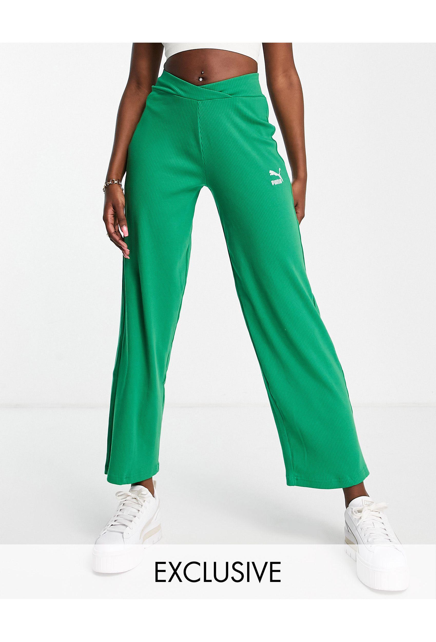 PUMA Ribbed High Waisted Wide Leg Pants in Green | Lyst