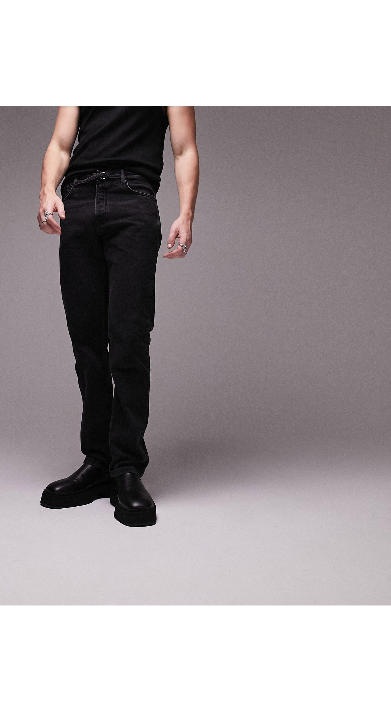 TOPMAN Straight Belted Jeans in Black for Men | Lyst