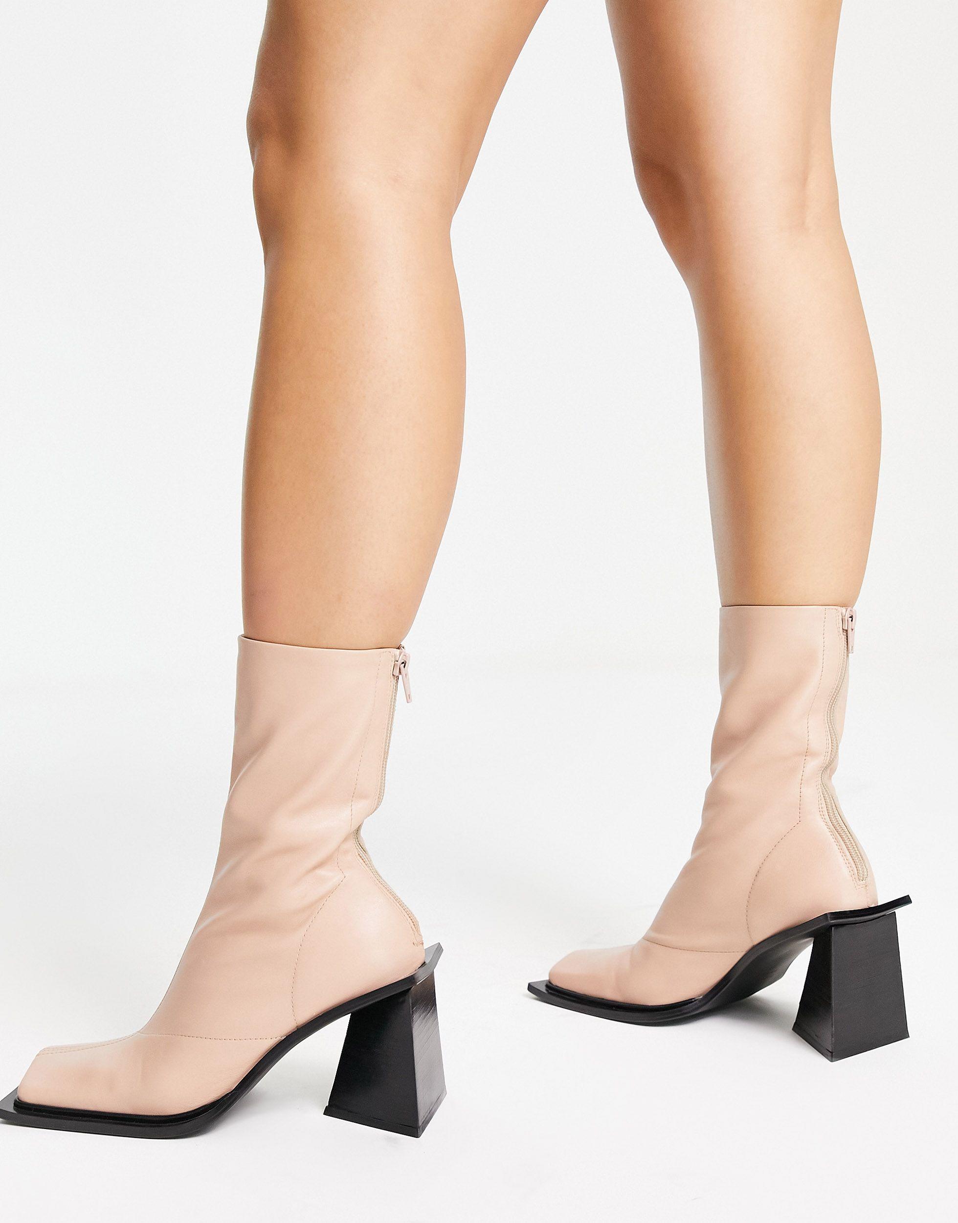 TOPSHOP Halo Premium Leather Square Toe Heeled Boot in Natural for