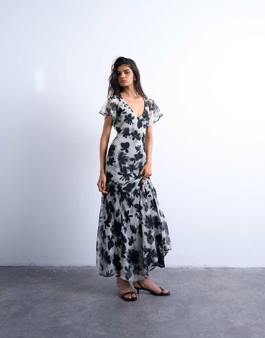 knee length dresses for ladies Topshop Cut Out Waist Floral Print Tiered Occasion Midi Dress In Burgundy main image 1