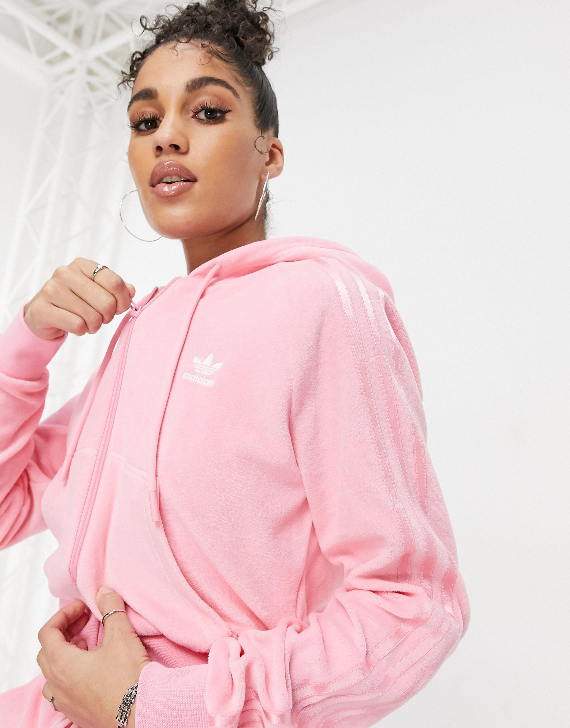 adidas Originals 'relaxed Risqué' Velour Zip-through Hoodie in Pink | Lyst