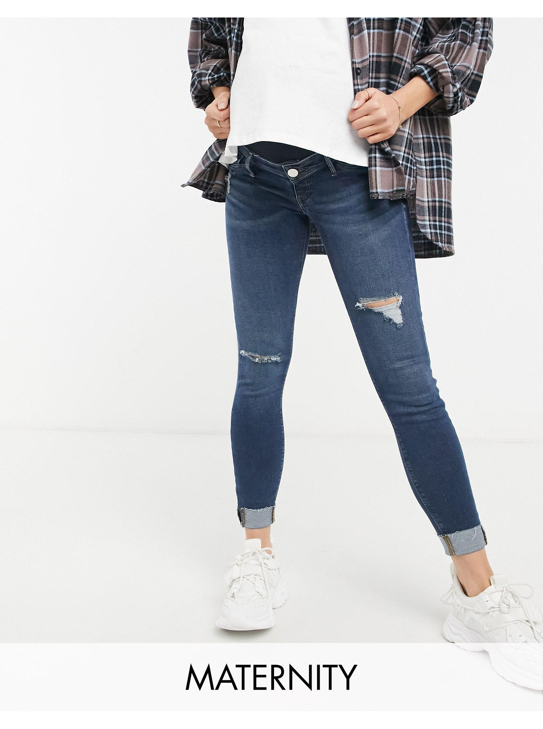River Island Molly Ripped Knee Turnup Overbump Skinny Jeans in Blue | Lyst