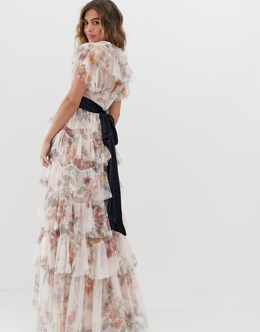 Asos Design Ruffle Maxi Dress In Rose Floral Print - joecaindesign