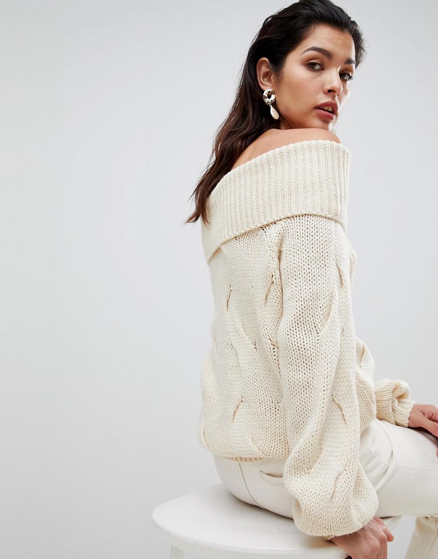 Vila Lace Chunky Cable Knit Off Shoulder Sweater in Cream (Natural) | Lyst