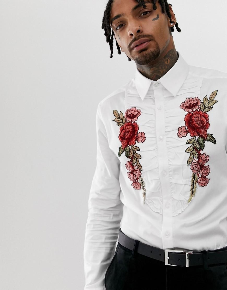 ASOS Skinny Sateen Shirt With Floral Embroidery in White for Men | Lyst
