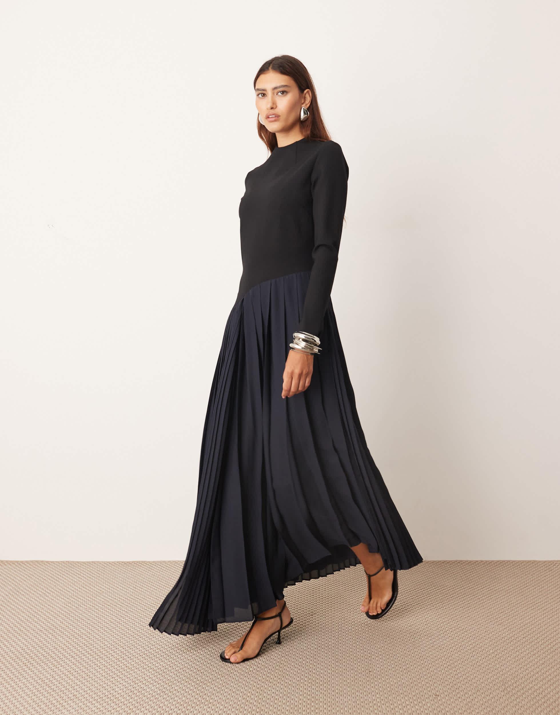 ARRANGE Contrast Fabric Sculpted Maxi Dress With Pleated Skirt in Black |  Lyst