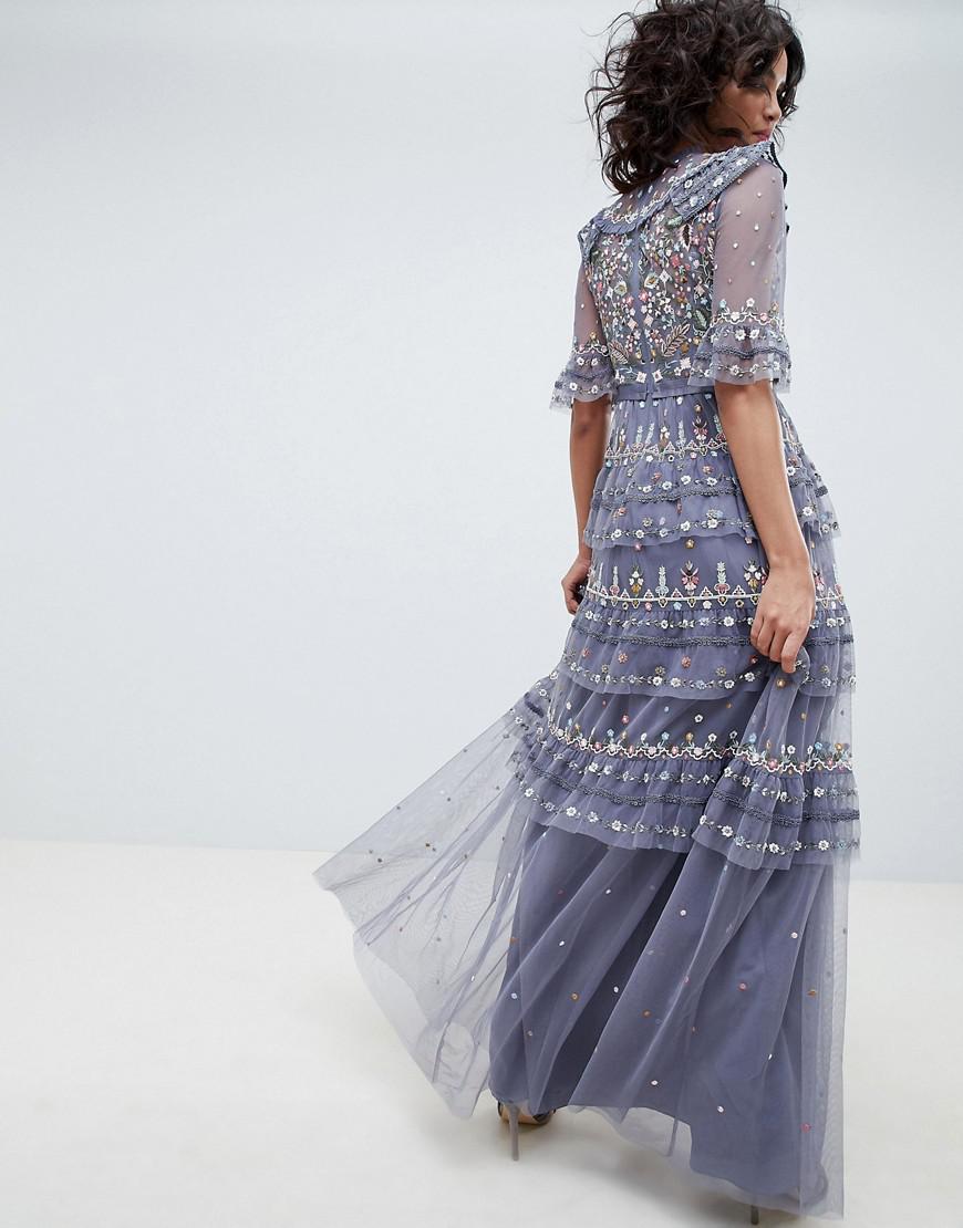 Needle & Thread Embroidered Maxi Gown In Vintage Navy in Blue | Lyst
