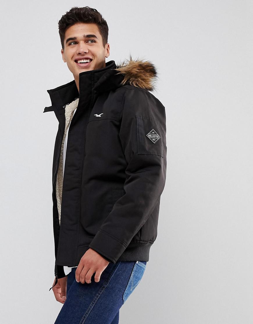 Hollister All Weather Bomber Faux Fur Hood In Black for Men | Lyst