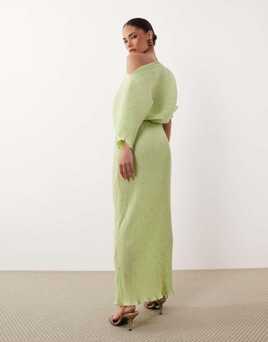never fully dressed green dress Petite Tilly Off Shoulder Plisse Maxi in DY2-7A