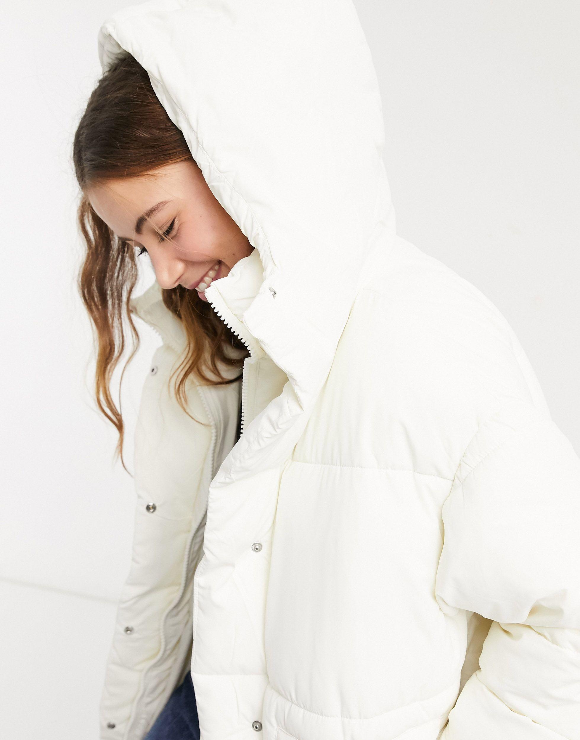 monki amber recycled short padded jacket with hood in blue