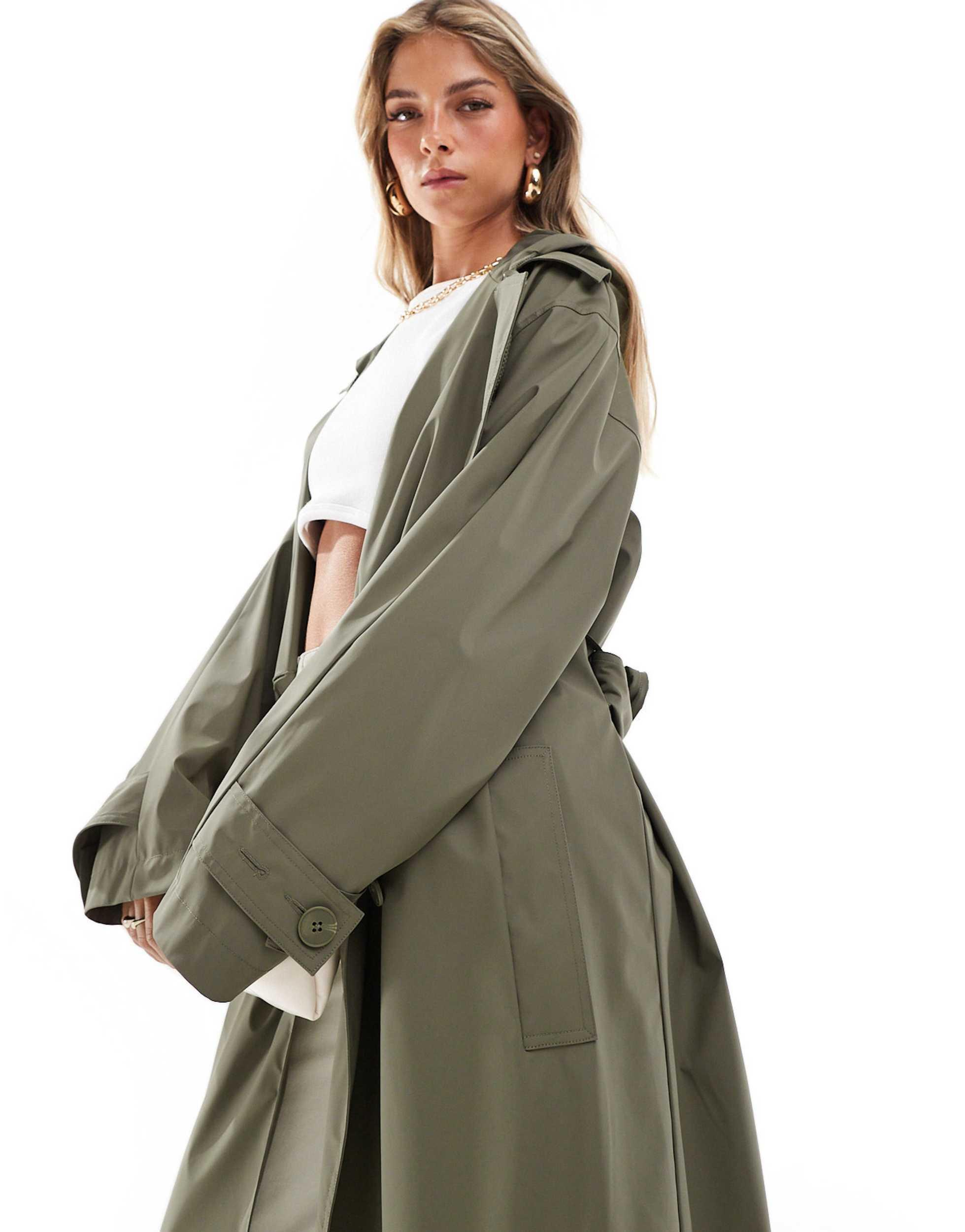 ASOS Rubberised Rain Hooded Trench Coat With Belt Detail in White