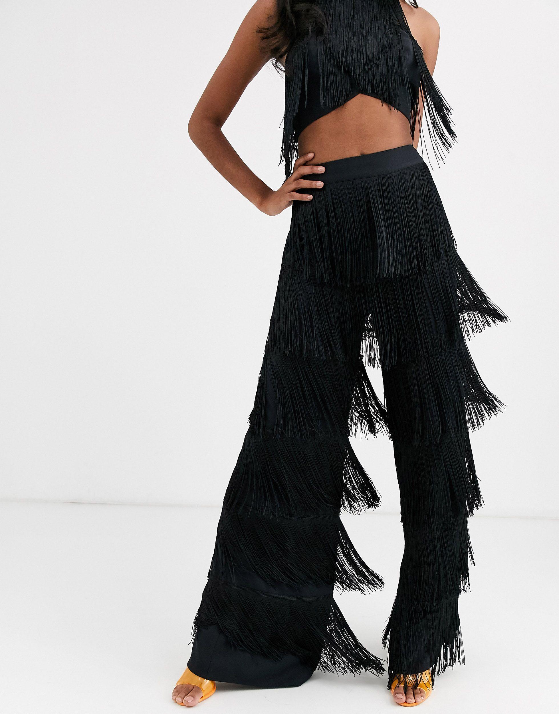ASOS All Over Tiered Fringe Wide Leg Pant Co-ord in Black | Lyst