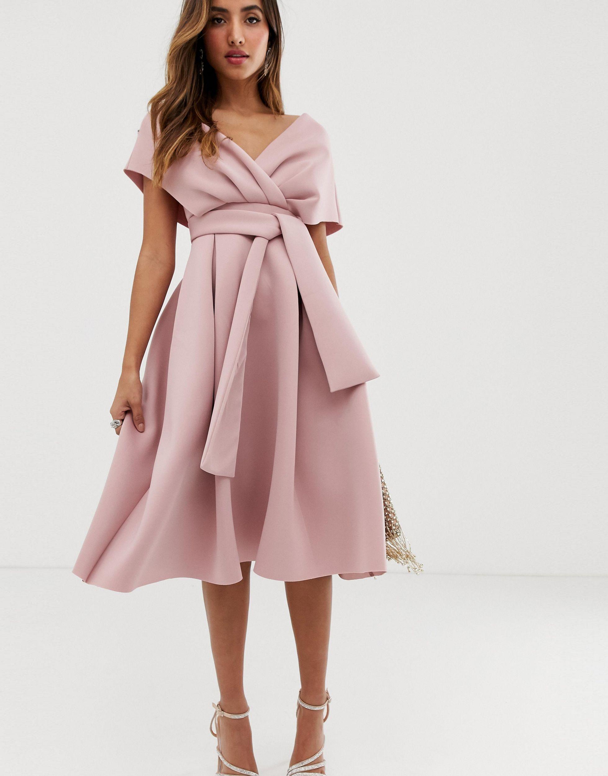 ASOS Synthetic Fallen Shoulder Midi Prom Dress With Tie Detail in Pink - Lyst