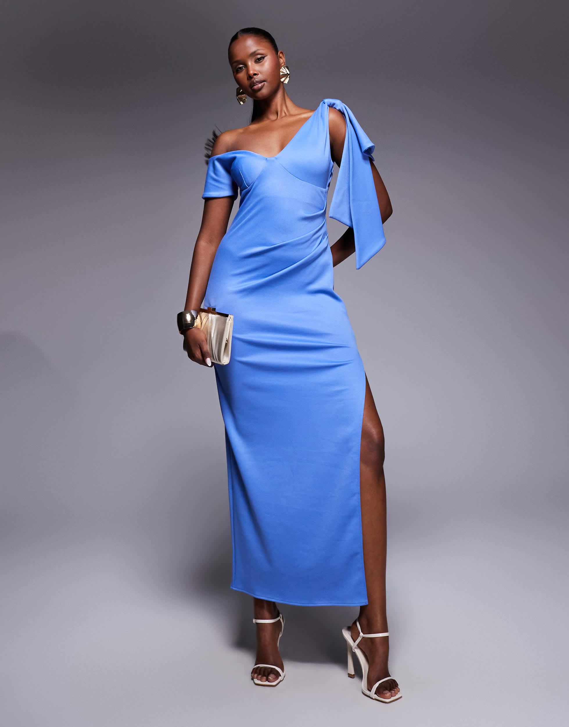 asos blue formal dress ASOS Fallen Shoulder With Drape Detail Midi Dress in Blue