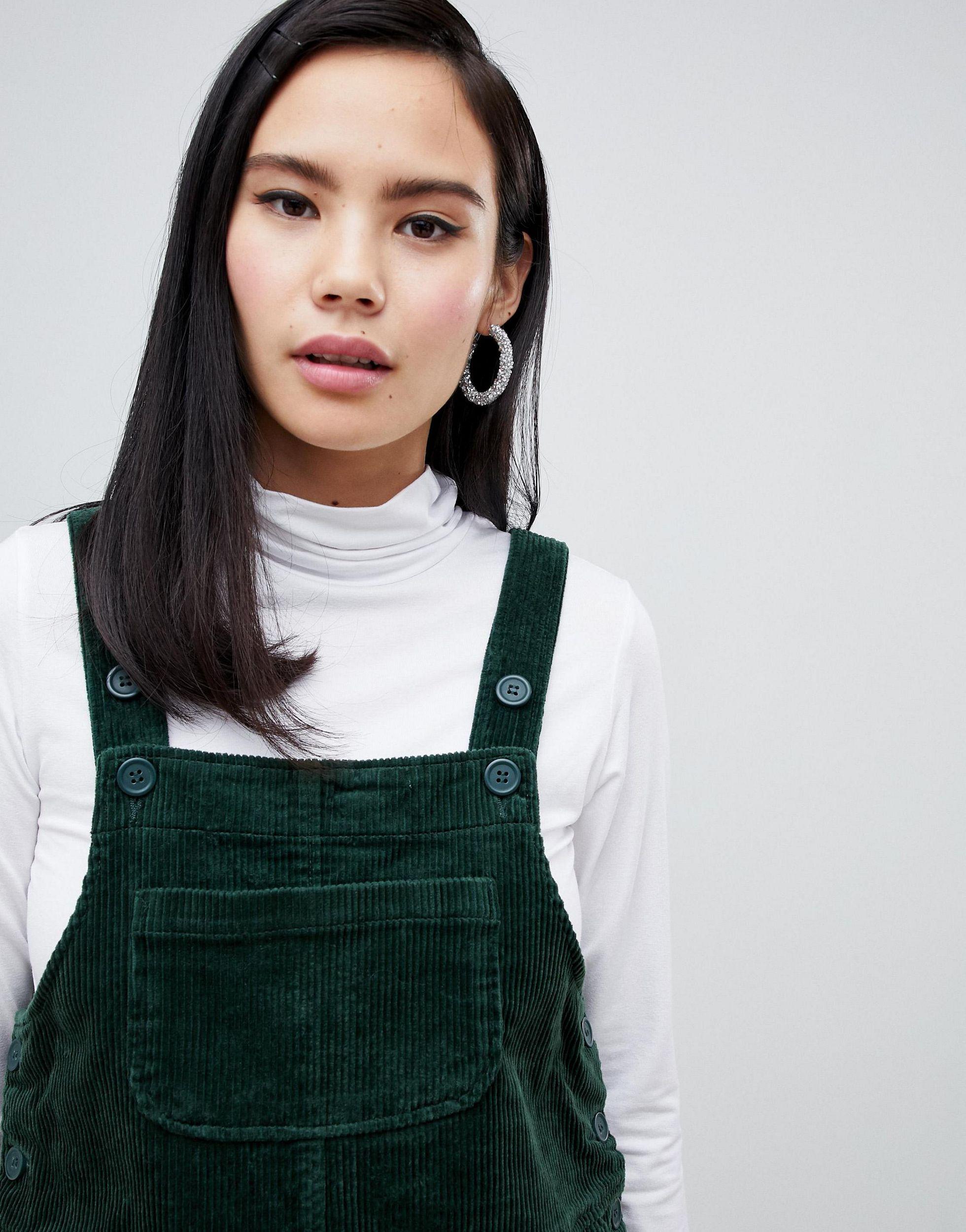 Monki Denim Cord Dungaree Dress In Dark 