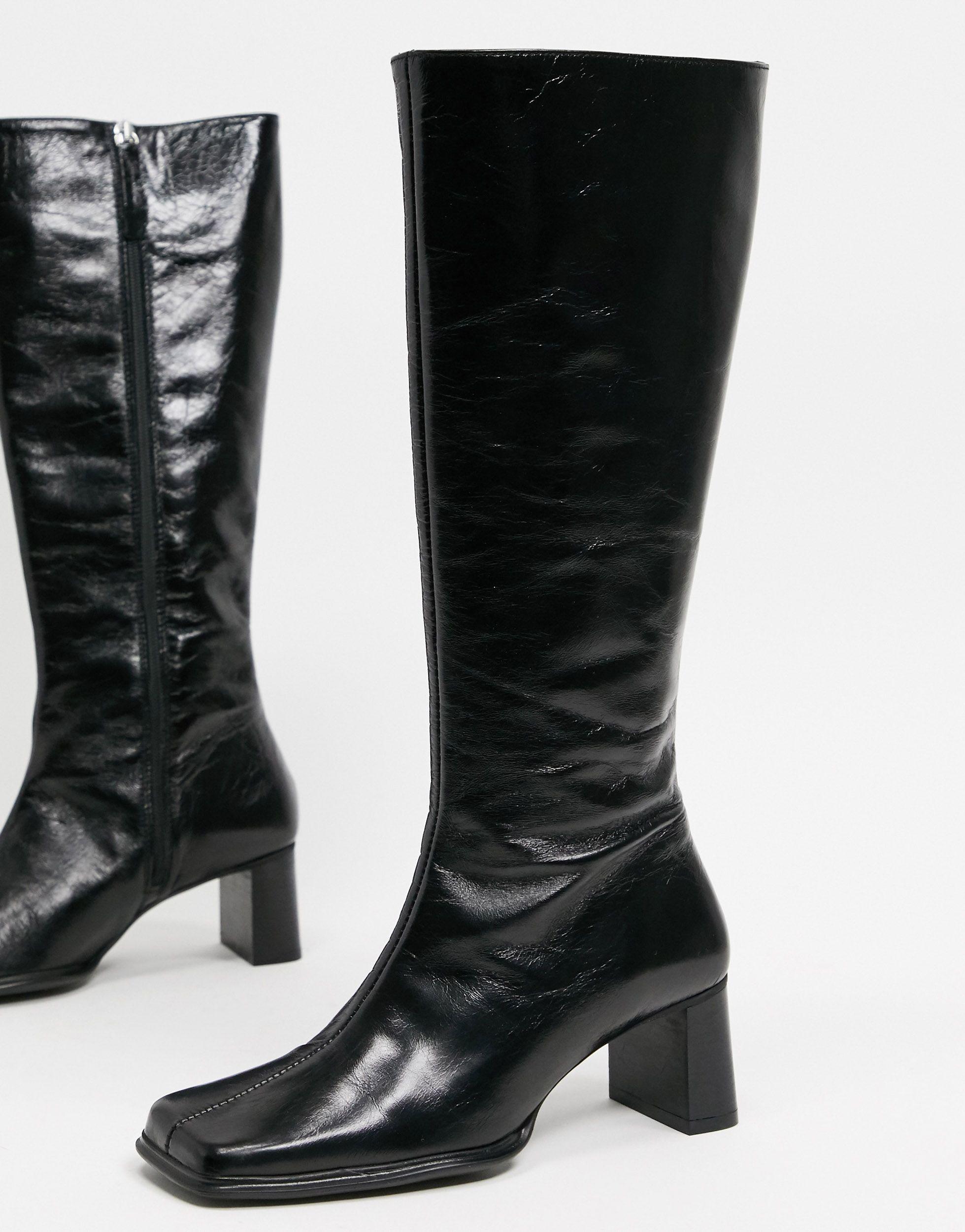 ASOS Cali Premium Leather Heeled Knee Boots in Black - Lyst